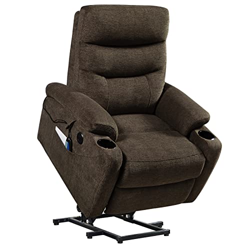 Brown Fabric Power Lift Recliner Chair with Cup Holders S361731