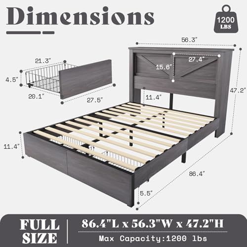 Grey King Bed Frame with Storage Drawers and Bookcase Headboard T8688