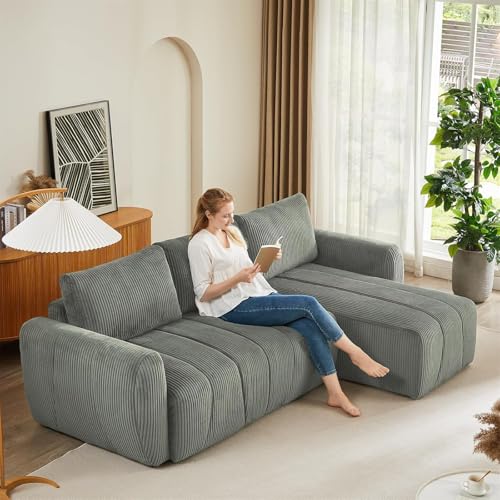 Modular Sectional Sleeper Sofa with Storage, Convertible 3 Seat L Shape Couch with Reversible Chaise, Corduroy Sleeper Couch with Pullout Bed (Light Grey) P44013