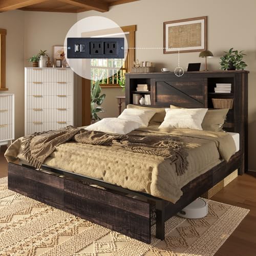 Grey King Bed Frame with Storage Drawers and Bookcase Headboard T8688
