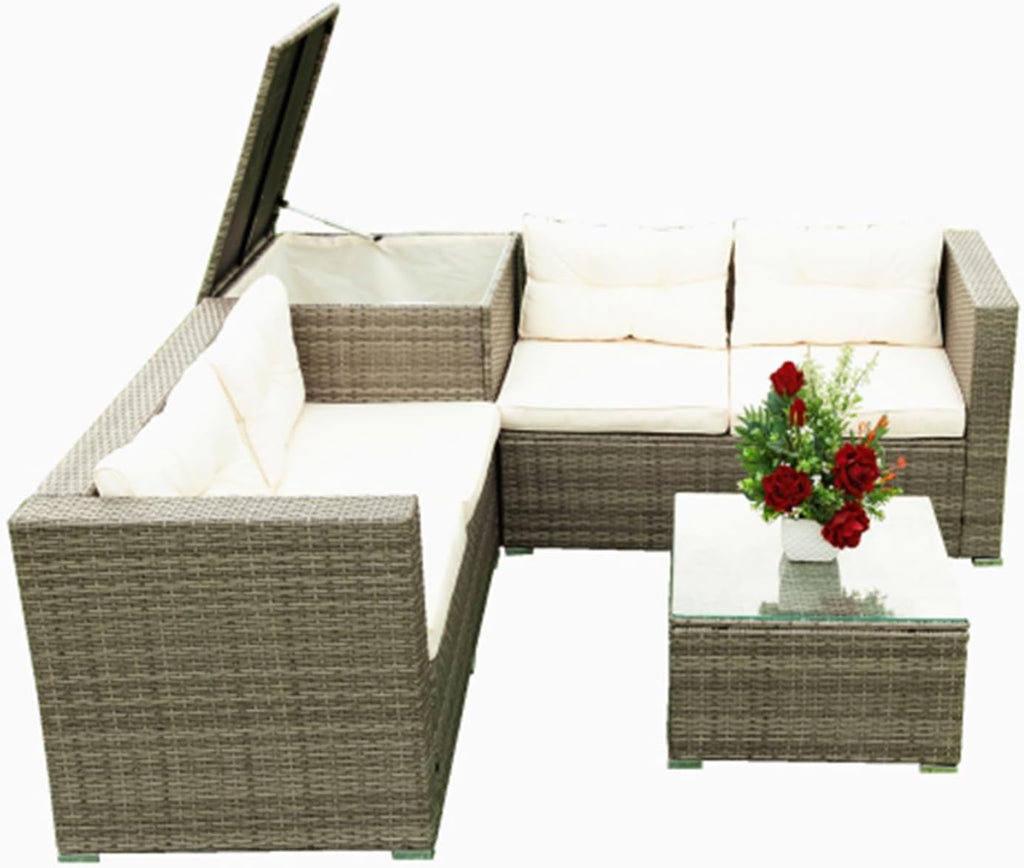 Grey Wicker Rattan Patio Sectional Sofa Set with Storage Box Y181