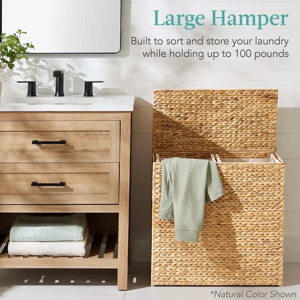 Large Natural Water Hyacinth Double Laundry Hamper Basket with 2 Liner Bags C36935