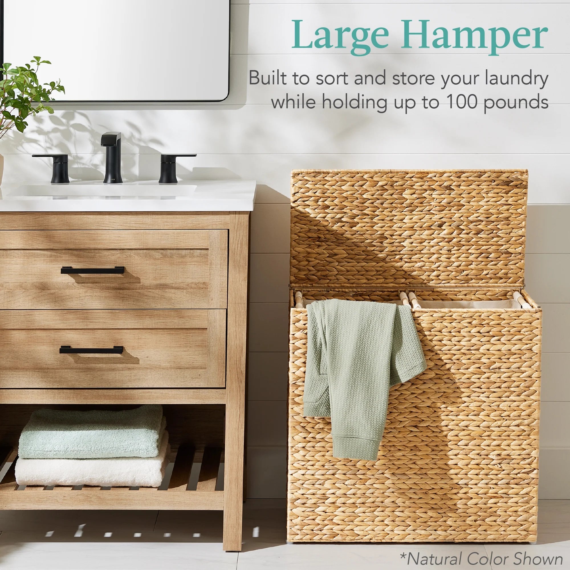 Large Natural Water Hyacinth Double Laundry Hamper Basket with 2 Liner Bags C36935