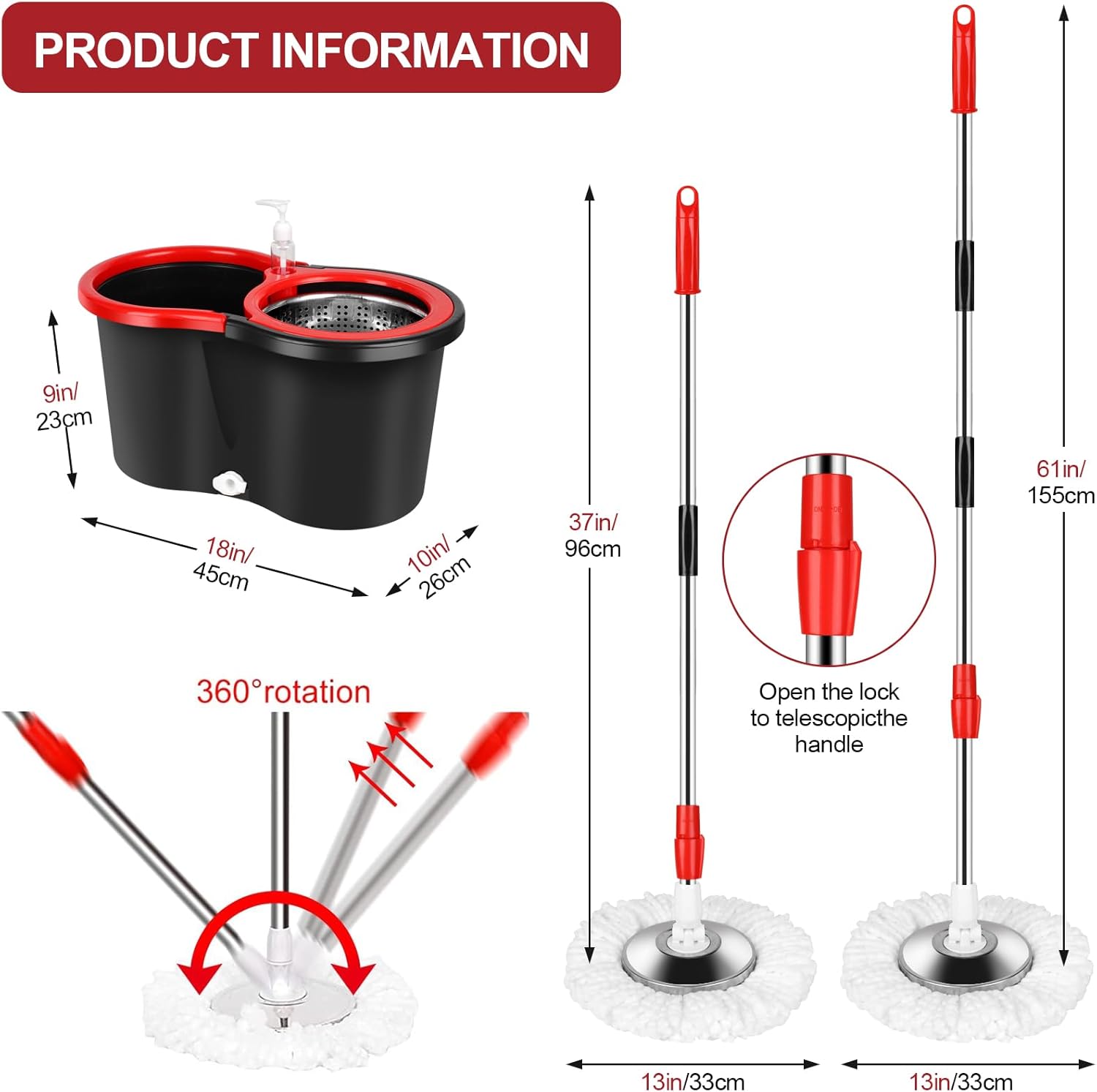 Black 20QT Mop Bucket with Wringer Set and 3 Microfiber Mop Head S4838