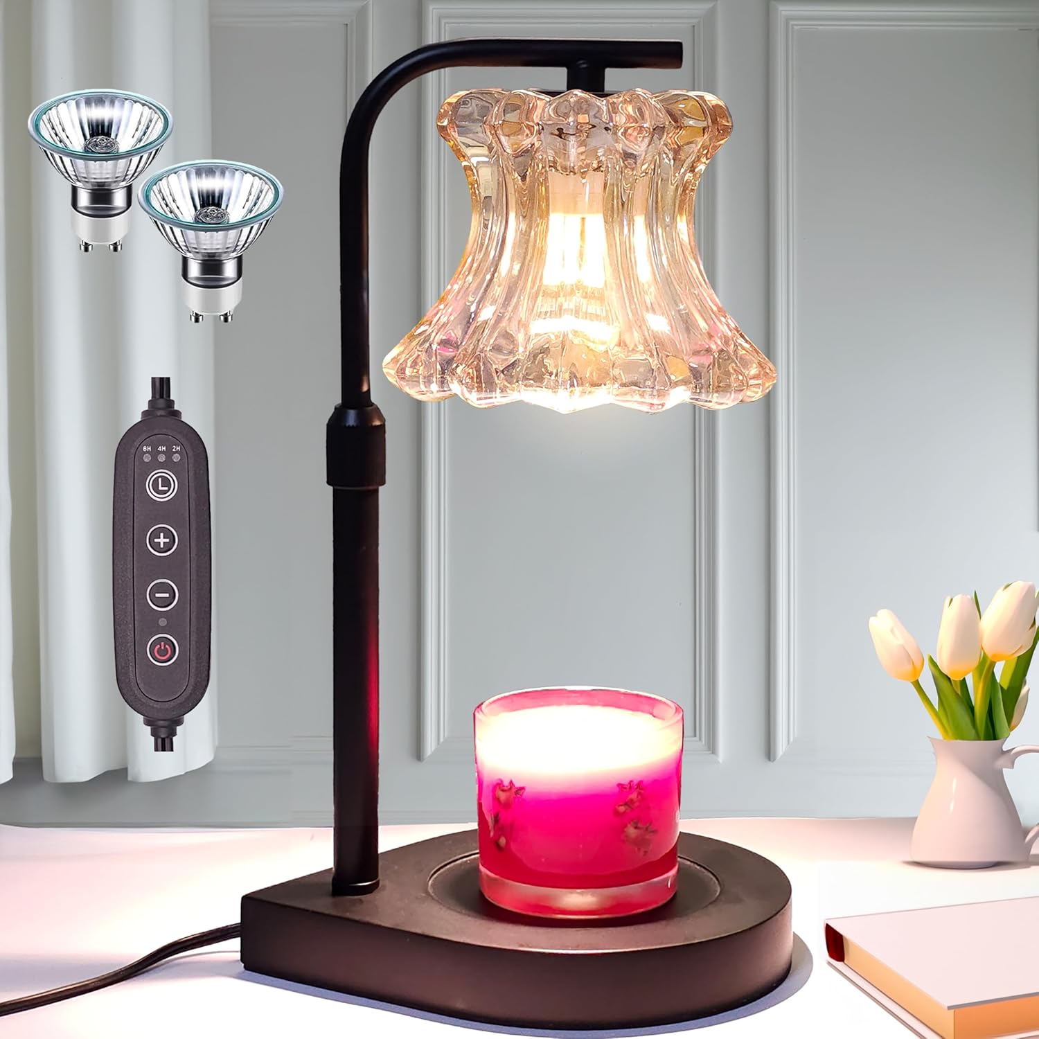 Candle Warmer Lamp with Dimmer and Timer, Adjustable Height, 2 Bulbs, Black G8979