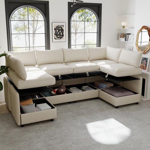 Oversized Modular Storage Sectional Sofa with Movable Ottomans and Seat, U-Shaped Chenille Upholstered Sofa Couch Z92590