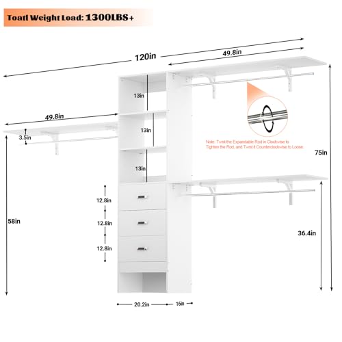 120 Inches Closet System with 3 Shelving Towers, Heavy Duty Clothes Rack with 3 Drawers, White Oak T1744