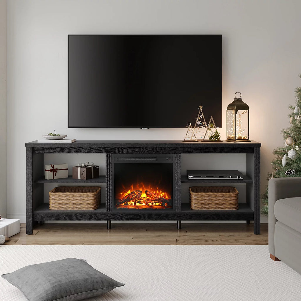 Black 70 inch Wood Electric Fireplace TV Stand L44036