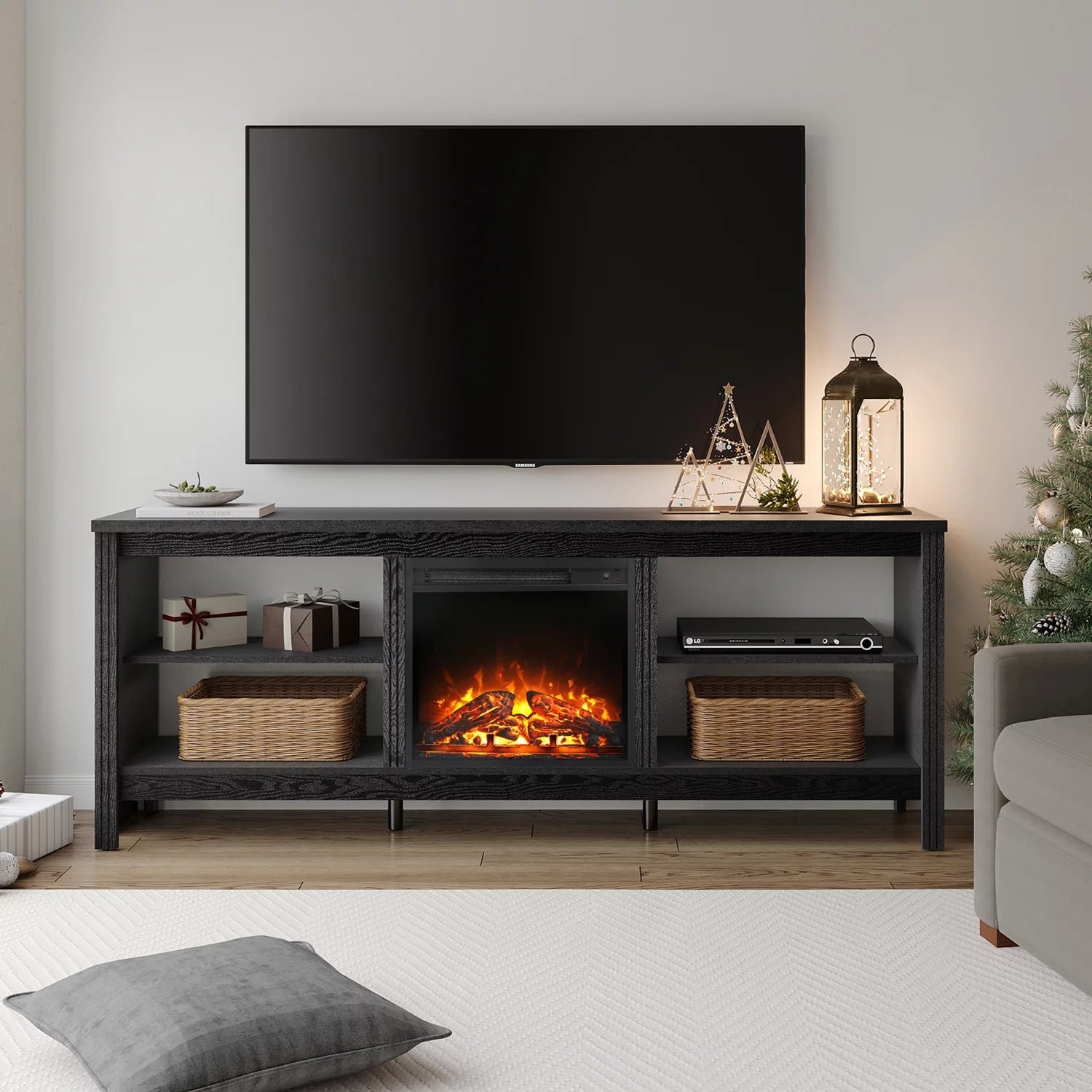 Black 70 inch Wood Electric Fireplace TV Stand L44036