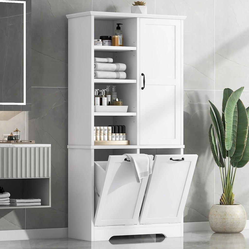 White Tall Bathroom Storage Cabinet with Laundry Hamper G1606