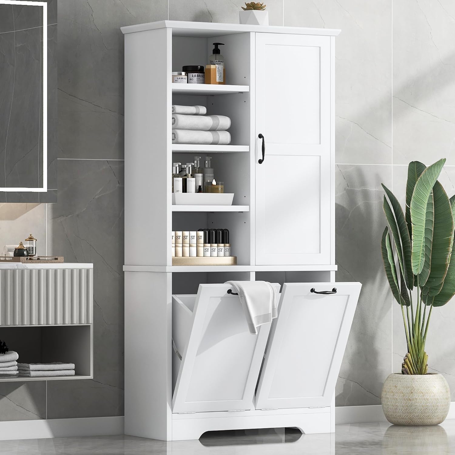 White Tall Bathroom Storage Cabinet with Laundry Hamper G1606