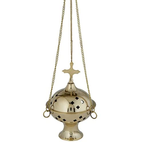 Brass Hanging Censer Incense Burner with Cross, 12 Inch Chain G701692