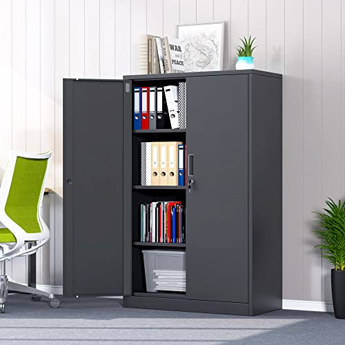 Black Metal Storage Cabinet with Locking Doors and 2 Adjustable Shelves T327