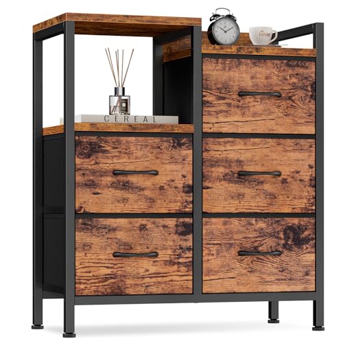 5 Drawer Black Fabric Dresser with Metal Frame I253295