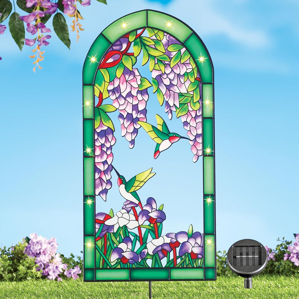 Solar Lighted Stained Glass Hummingbird Yard Stake E498952