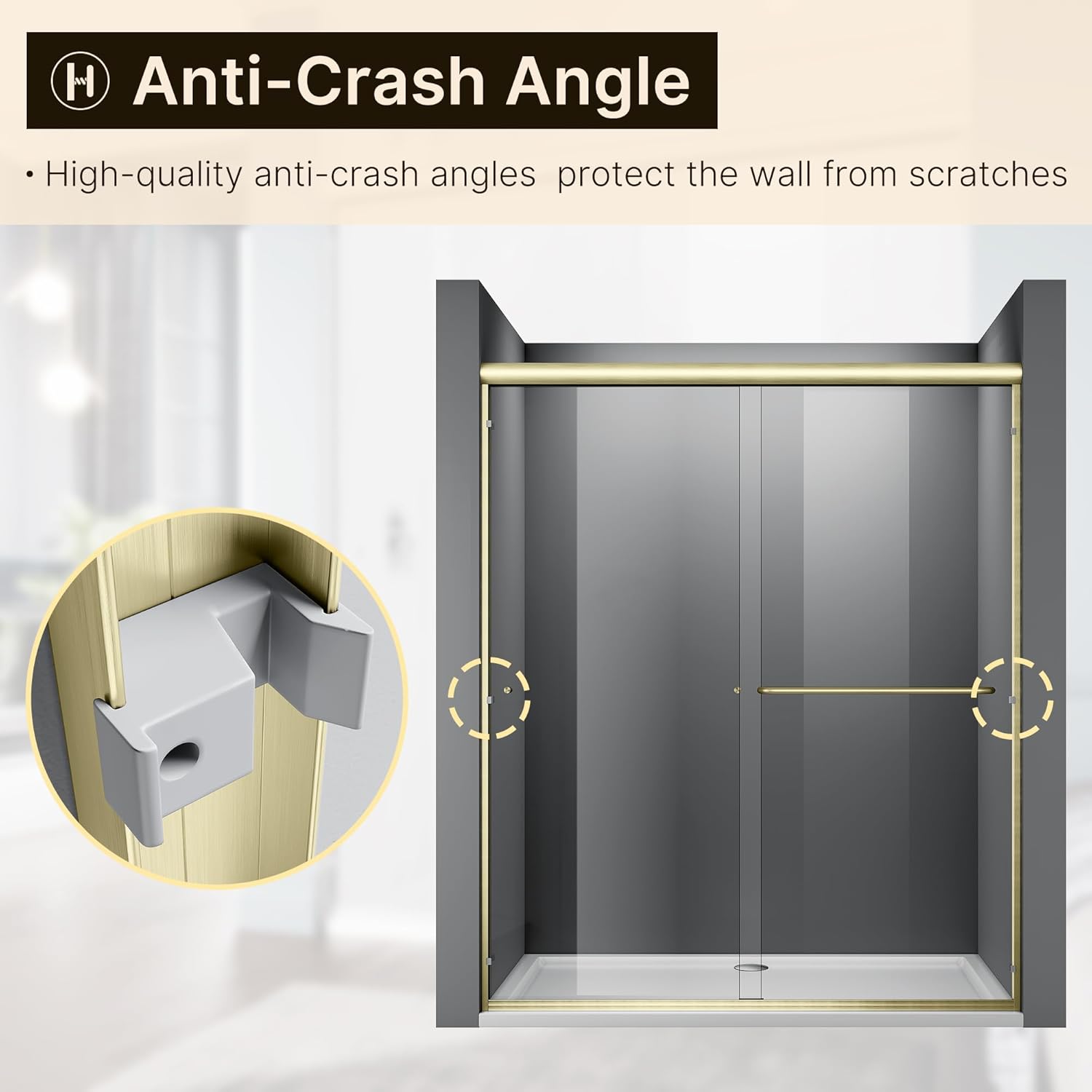 60 in. W x 72 in. H Double Sliding Semi-Frameless Shower Door, 1/4" Clear Tempered Glass, Brushed Gold Finish X95852