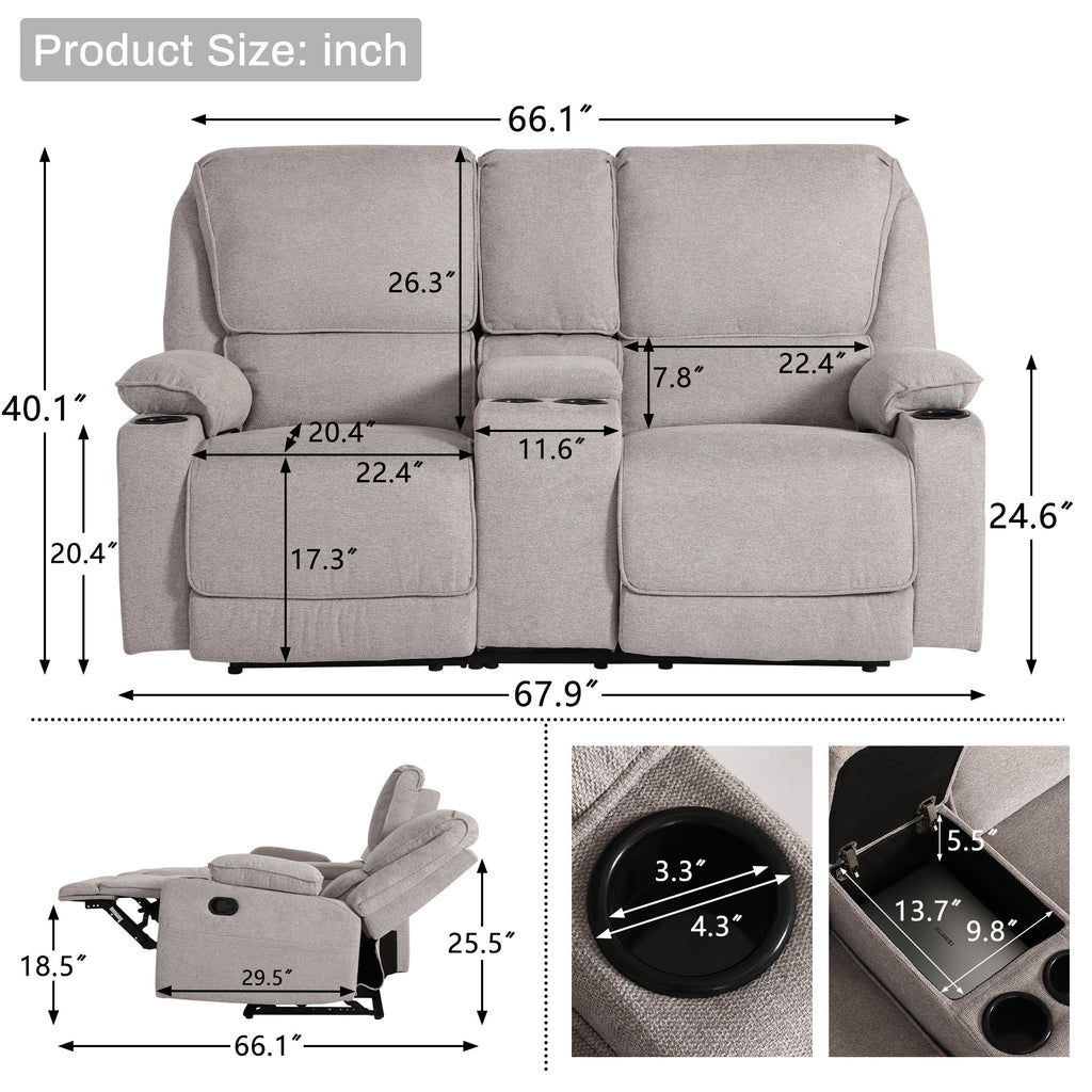 Light Gray 2 Seater Manual Reclining Sofa with Cup Holders T64401
