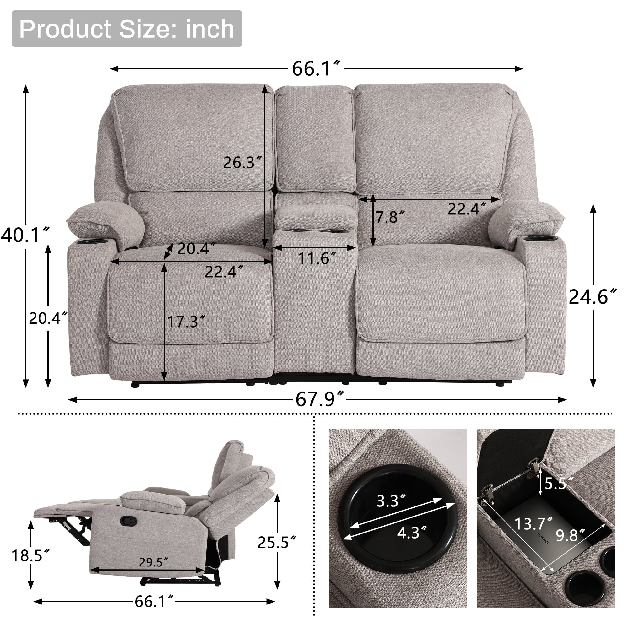 Light Gray 2 Seater Manual Reclining Sofa with Cup Holders T64401