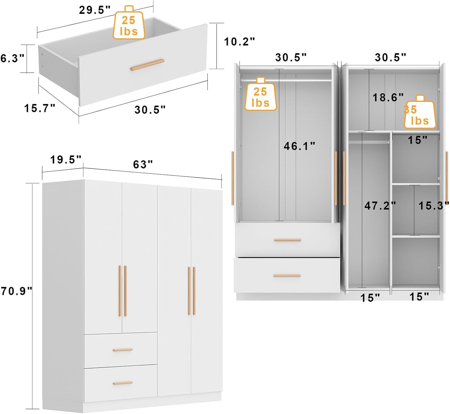 White 4-Door 2-Drawer Wood Wardrobe F87861