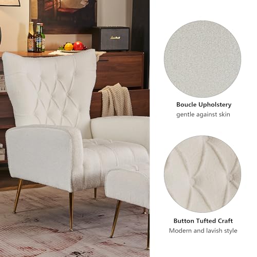 White Upholstered Boucle High Wingback Armchair with Gold Metal Legs Y66982