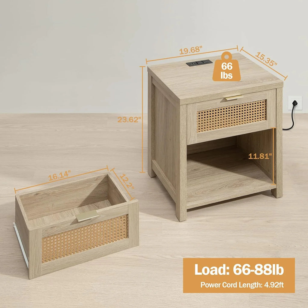 Farmhouse Nightstand with Charging Station Wood Drawer Accent Bedside Table with USB Ports Outlets End Table V5498