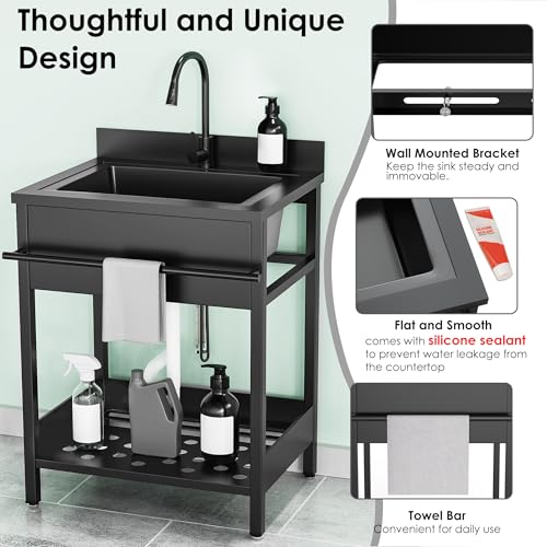 26 Inch 304 Stainless Steel Free Standing Utility Sink with Pull-out Faucet M91323