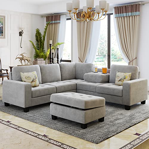 Light Grey L-Shape Sectional Sofa with Storage Ottoman E620530
