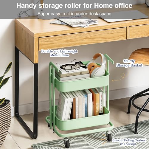 Pastel Green 2 Tier Metal Rolling Cart E313