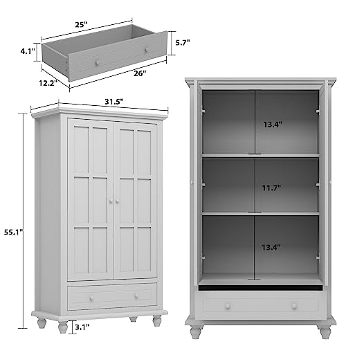 White Tall Bookshelf with Glass Doors, 4-Tier Shelf & 2 Drawers B63073