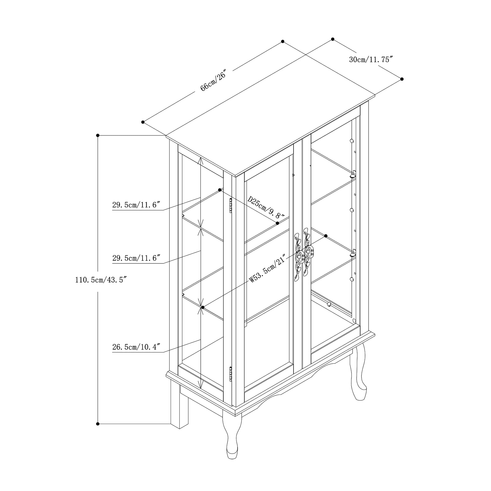 Walnut 3 Shelf Tempered Glass Curio Cabinet M660