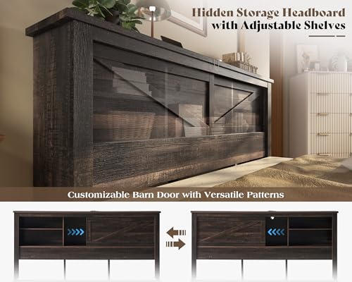 Grey King Bed Frame with Storage Drawers and Bookcase Headboard T8688