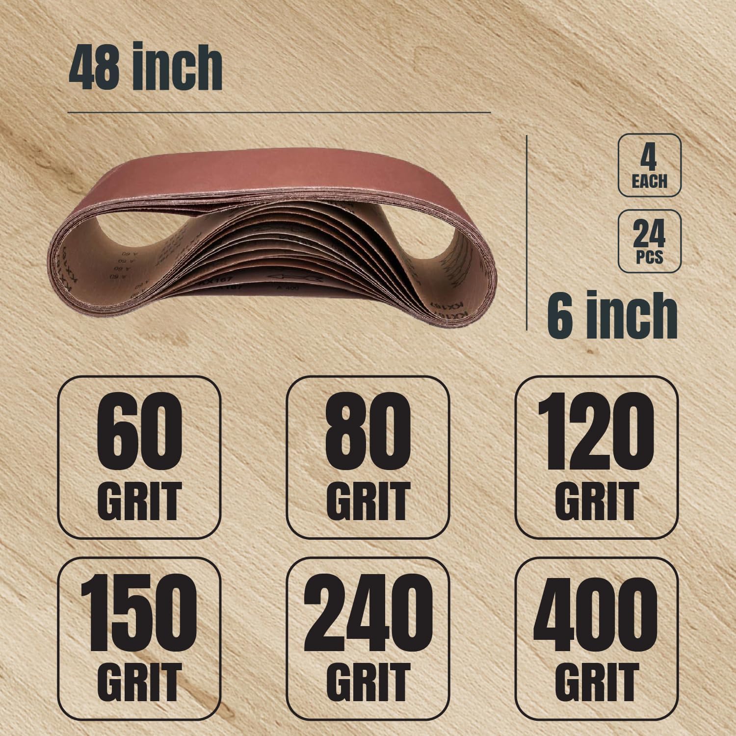 6 x 48 Inch Sanding Belts, 24PK, Aluminum Oxide Grits Assortment D399