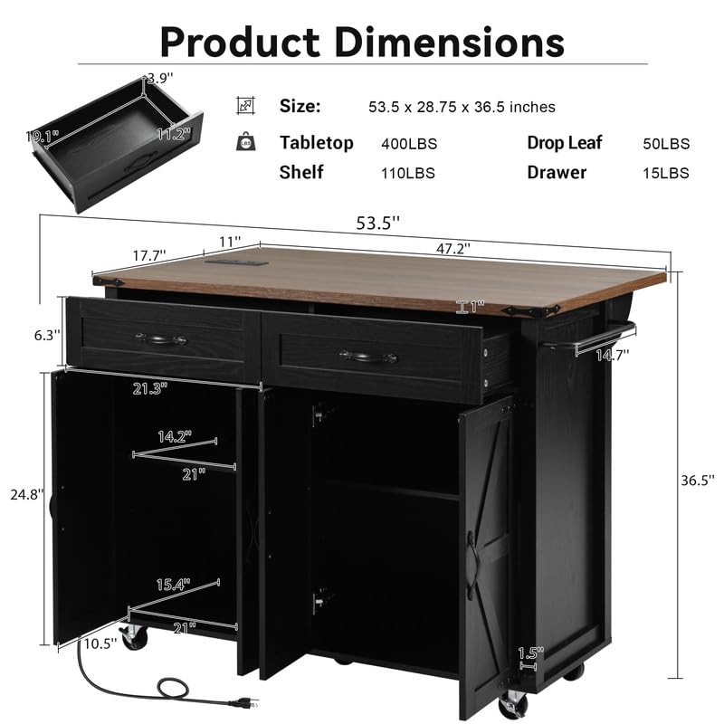 Black Farmhouse Kitchen Island with Power Outlet and Drop Leaf R30551