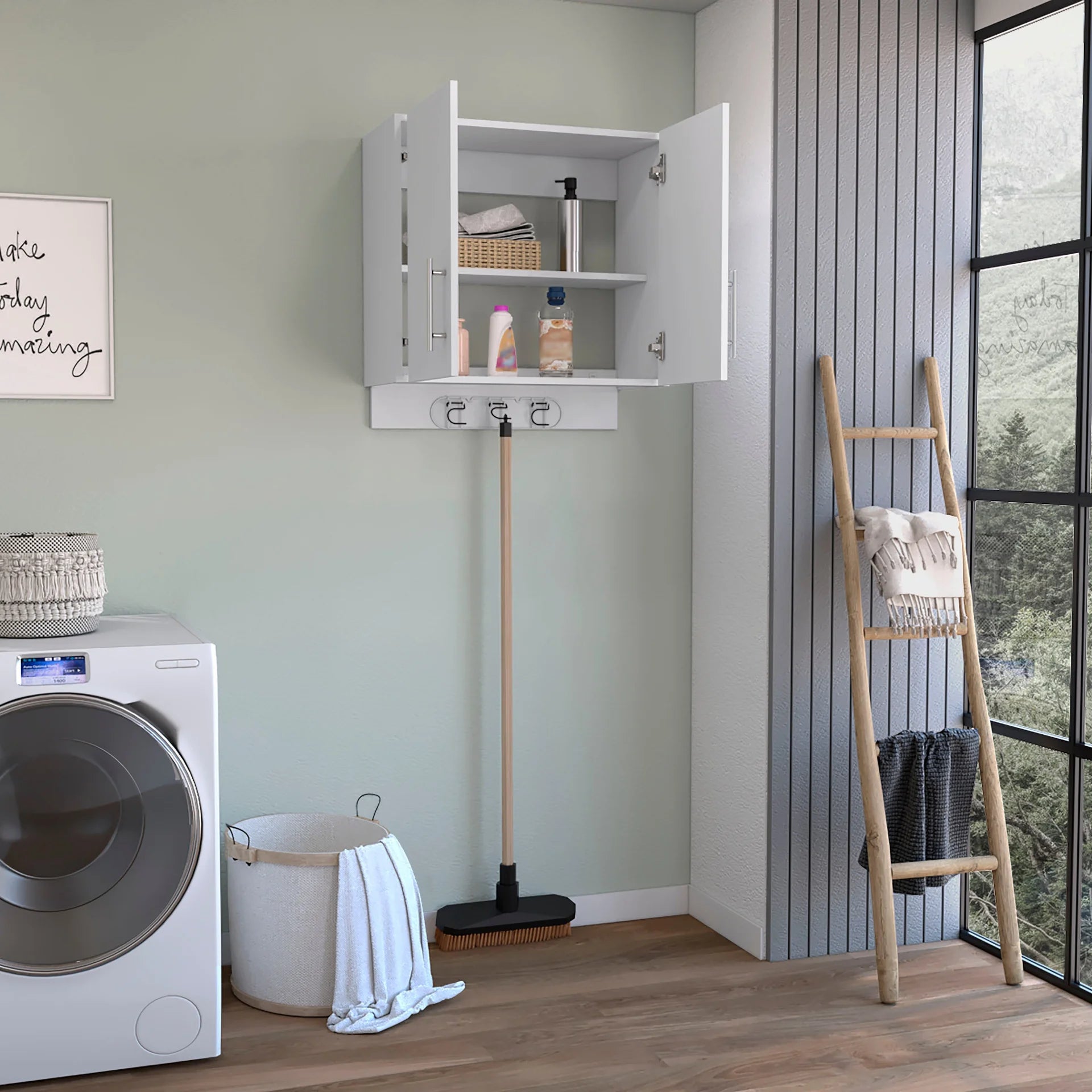 White Wall Mounted Cabinet with Broom Hangers K567