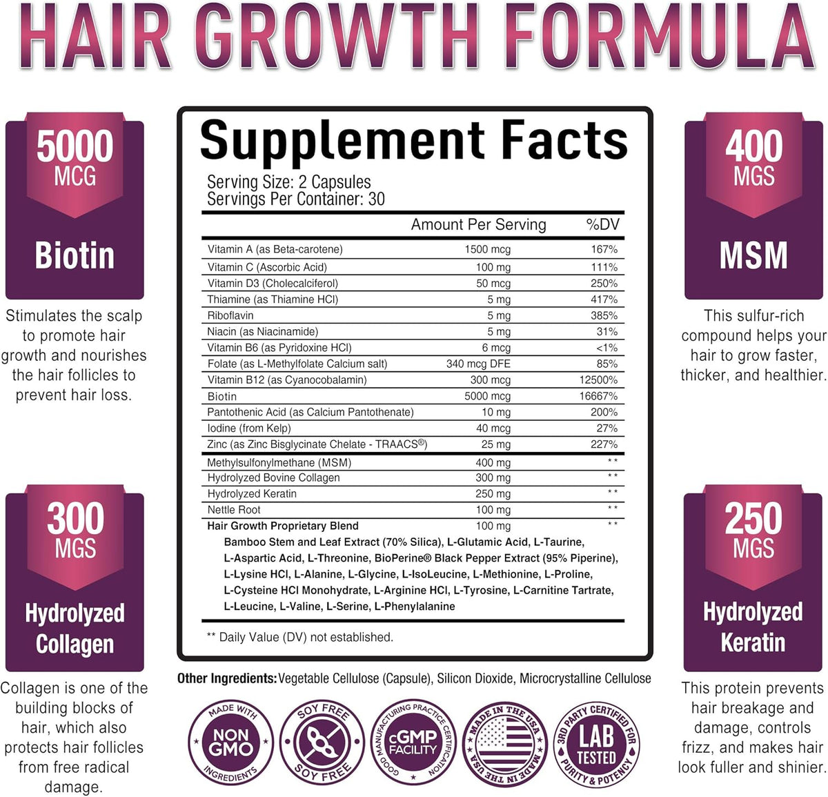 Hair Growth Vitamins with Biotin & Keratin, 60 Capsules I430163