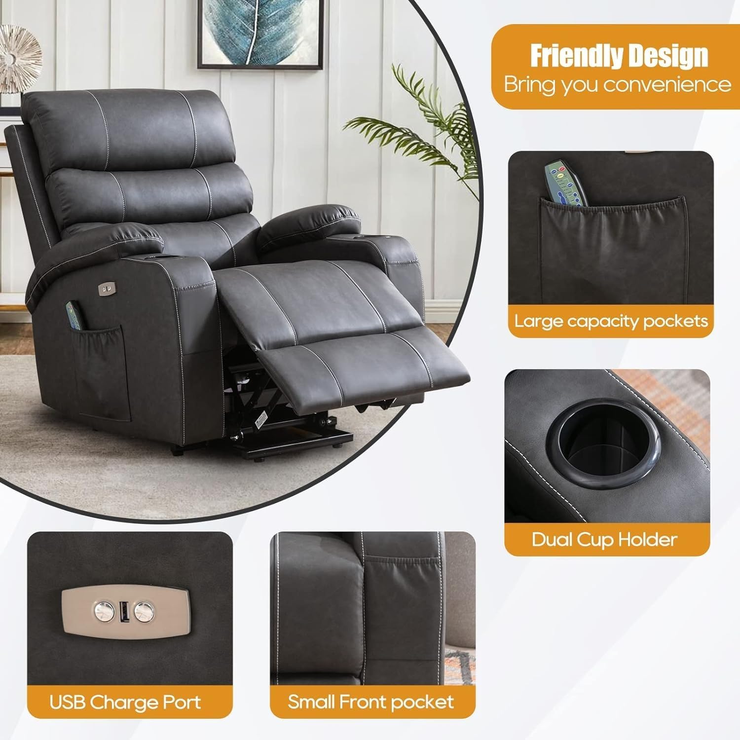 Power Lift Recliner Chair with Heat and Massage, Electric Recliner Chairs with Standing Assistance, 2 Cup Holders, USB Charge Port, Breathable Leather J716