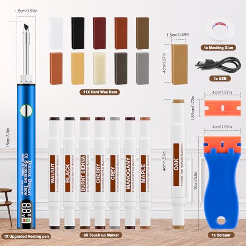 Blue Laminate Wood Floor Repair Kit with Wax Melting Tool, Hard Wax Filler, Marker Pen I909712