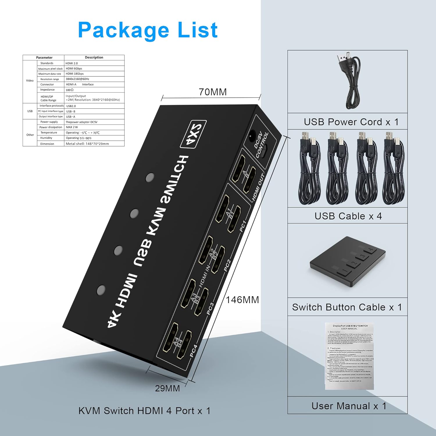 4 Port HDMI KVM Switch 4K@60Hz 4 in 2 Out W9595