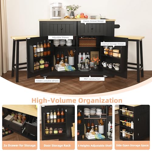 Black 48-inch Rolling Kitchen Island with Drop Leaf & Power Outlet K1369