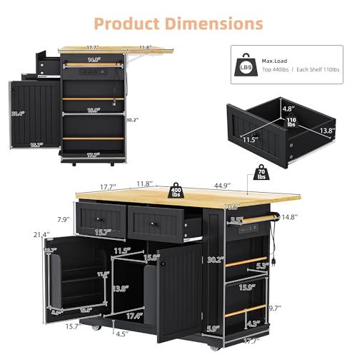 Black 48-inch Rolling Kitchen Island with Drop Leaf & Power Outlet K1369