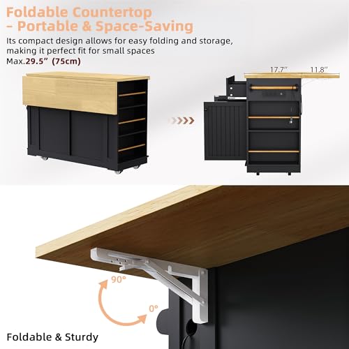 Black 48-inch Rolling Kitchen Island with Drop Leaf & Power Outlet K1369