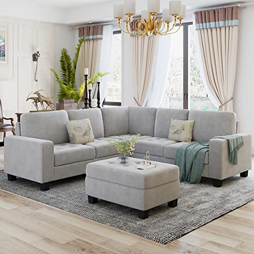 Light Grey L-Shape Sectional Sofa with Storage Ottoman E620530