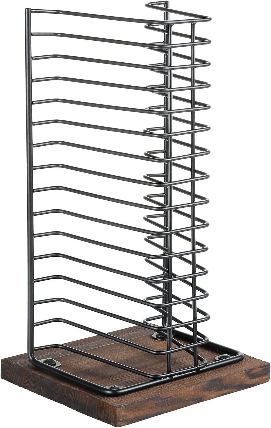 Matte Black Metal Wire Vertical CD Holder with Burnt Wood Base, Holds 15 Jewel Cases T10189
