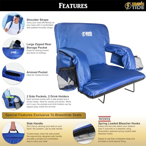 Stadium Seat with Back Support, Thick Padding, 2 Steel Bleacher Hooks, 4 Pockets, 2 Cup Holders Z83437