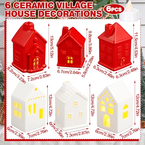 6 Pcs Ceramic LED Lighted Christmas Village Houses Green and White F2188