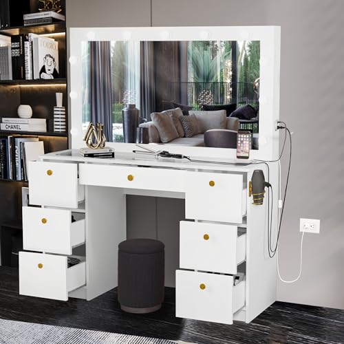 Black 7 Drawer Makeup Vanity Desk with Lights R8453