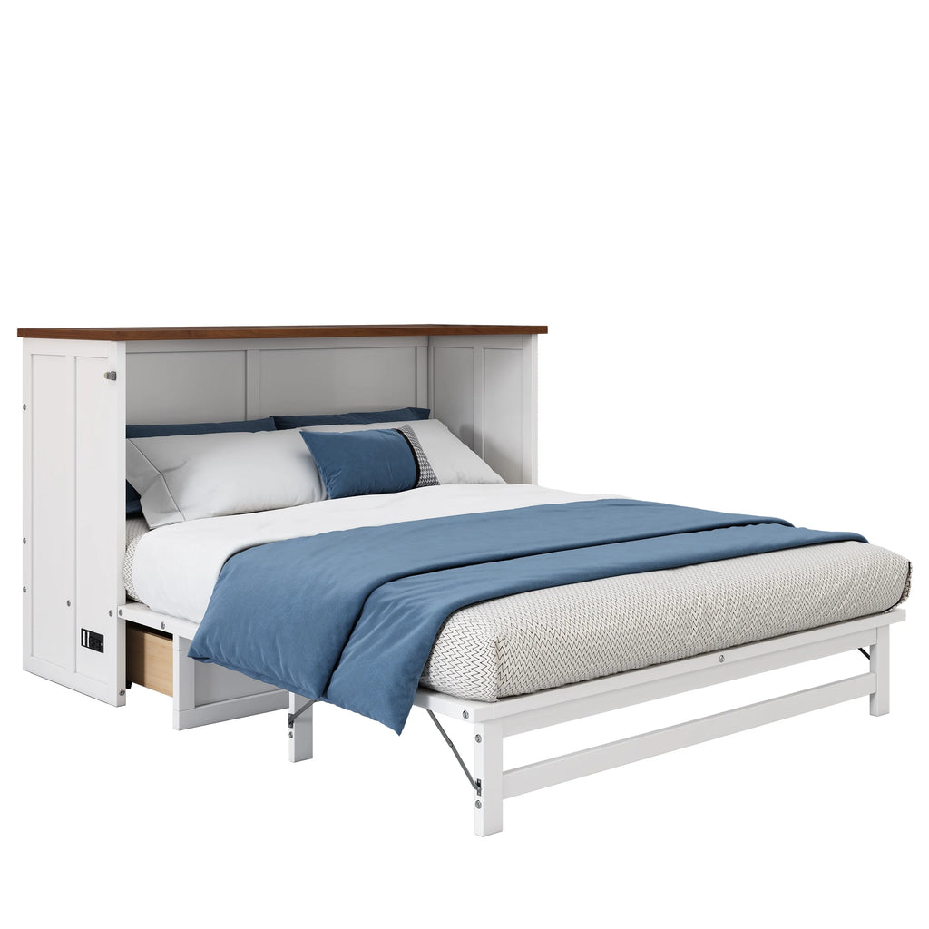 White+Walnut Solid Wood Queen Size Murphy Bed with Storage Drawer Y192053