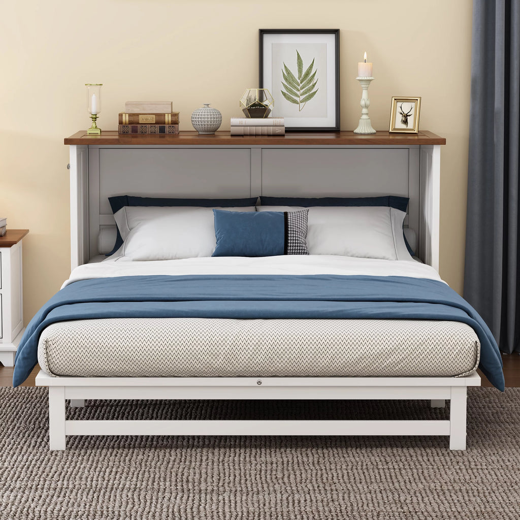 White+Walnut Solid Wood Queen Size Murphy Bed with Storage Drawer Y192053