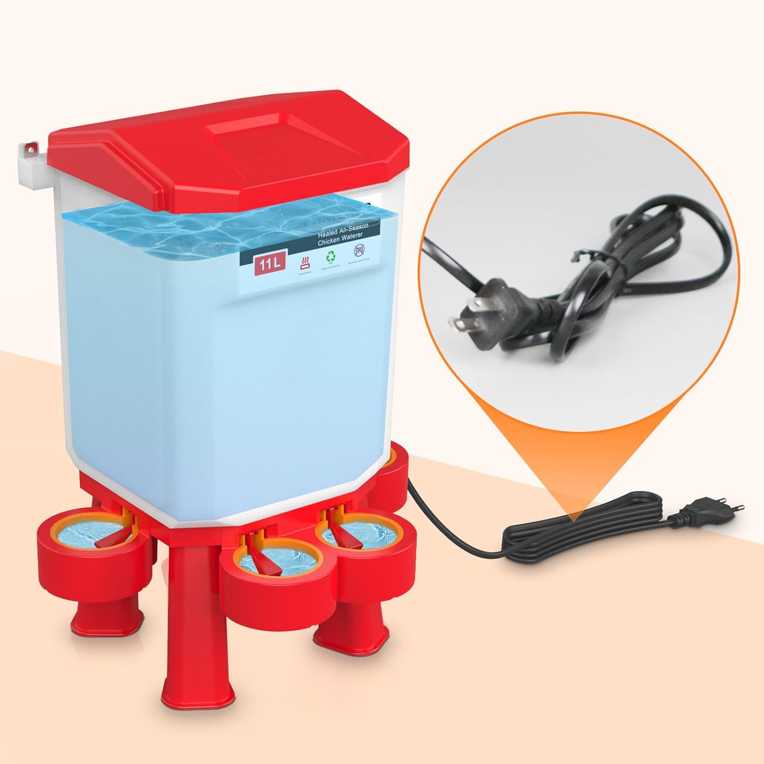 Heated 11L Plastic Poultry Chicken Waterer A1343