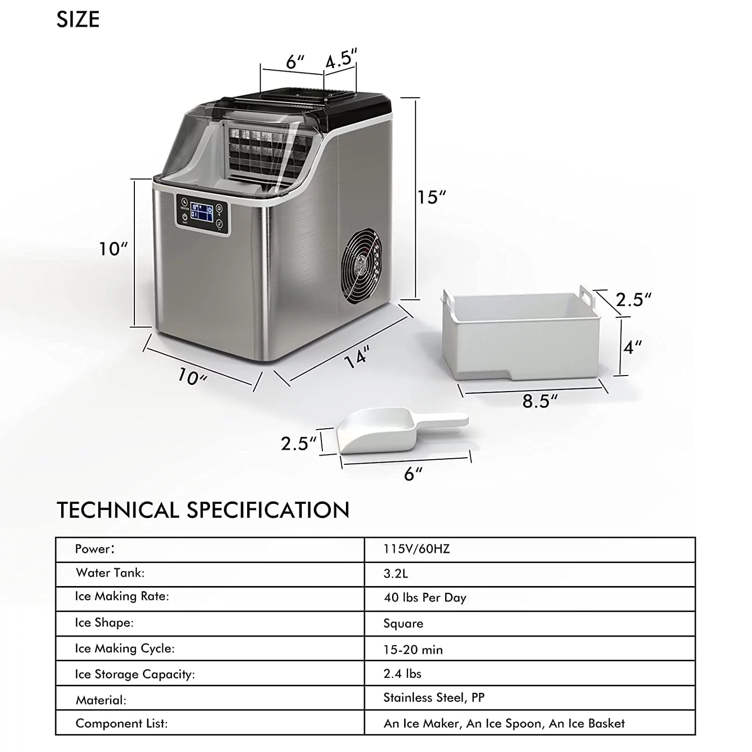 Compact Ice Maker Machine, 45 Lbs/24H, 24 Pcs/13 Mins, Self-Cleaning V3595